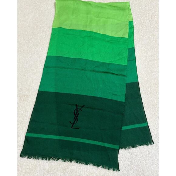 Yves Saint Laurent Silk Scarf 57" x 14" Long Green Gradient Logo Pattern - Picture 1 of 4
